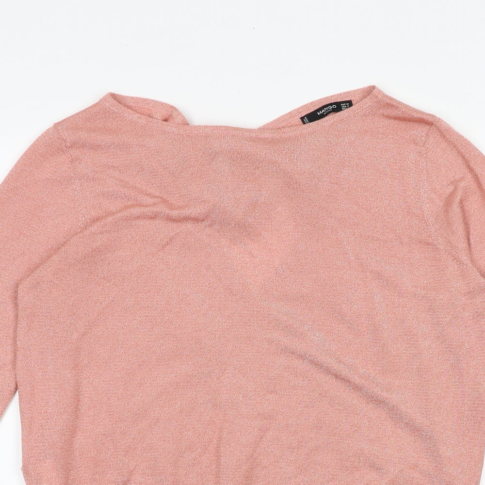 Mango Womens Pink Viscose Basic T-Shirt Size M Boat Neck - Tie Back