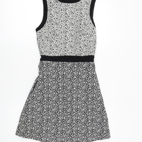 Miss Selfridge Womens Black Floral Polyester A-Line Size 4 Scoop Neck Zip