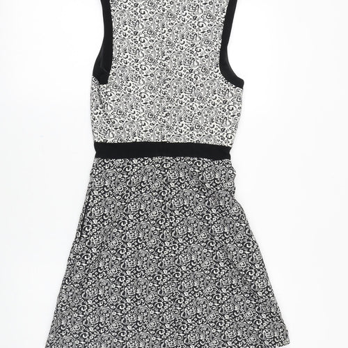 Miss Selfridge Womens Black Floral Polyester A-Line Size 4 Scoop Neck Zip