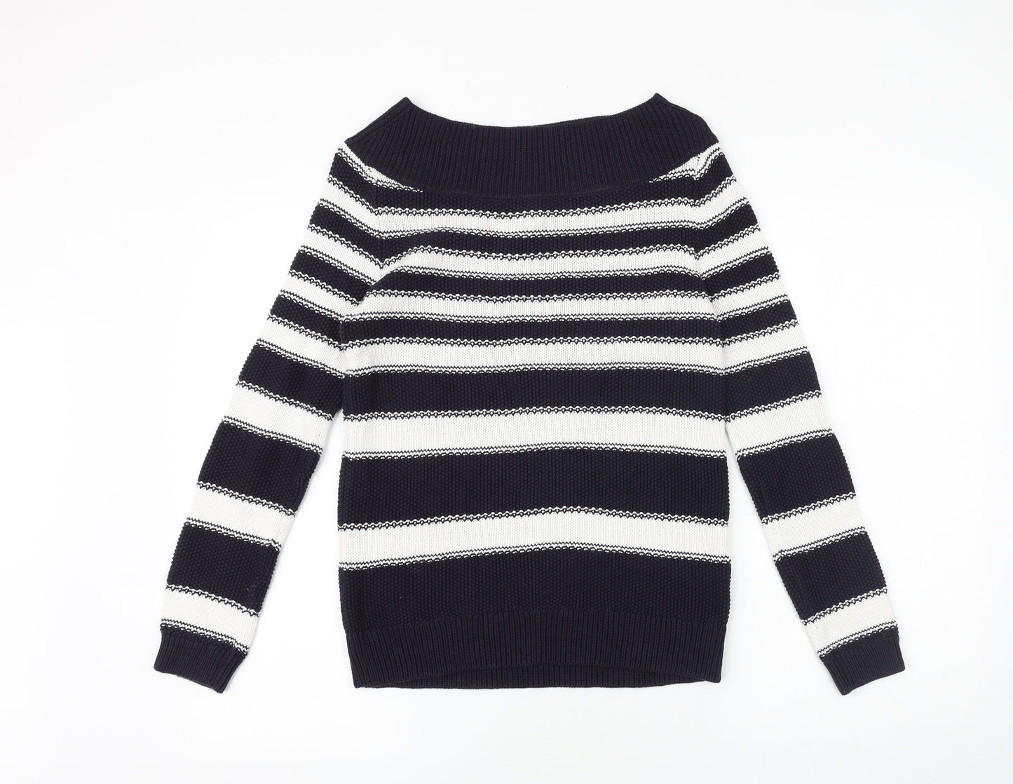 Marks and Spencer Womens Blue Boat Neck Striped 100% Cotton Pullover Jumper Size 8
