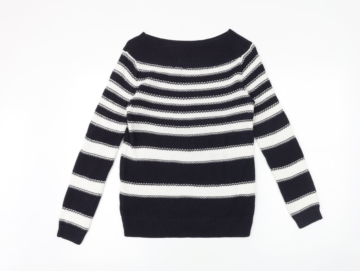 Marks and Spencer Womens Blue Boat Neck Striped 100% Cotton Pullover Jumper Size 8