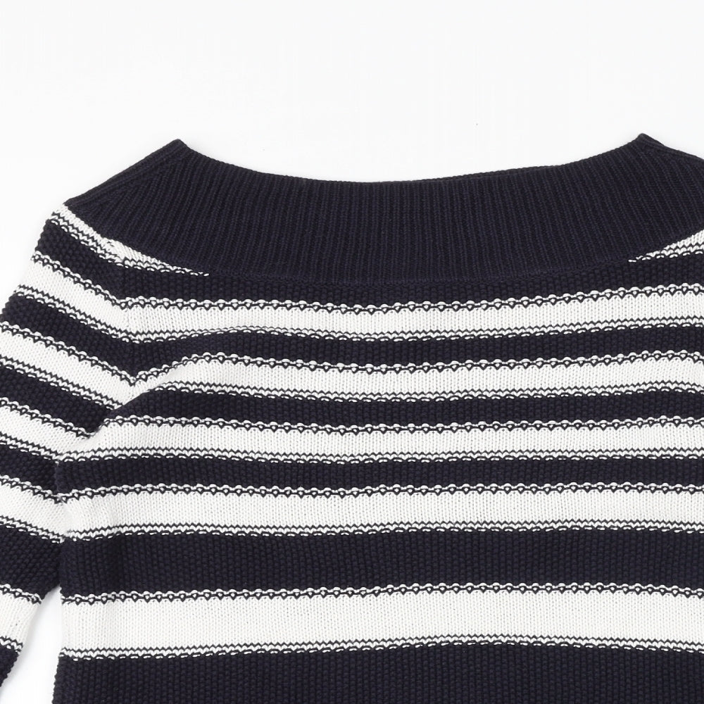 Marks and Spencer Womens Blue Boat Neck Striped 100% Cotton Pullover Jumper Size 8