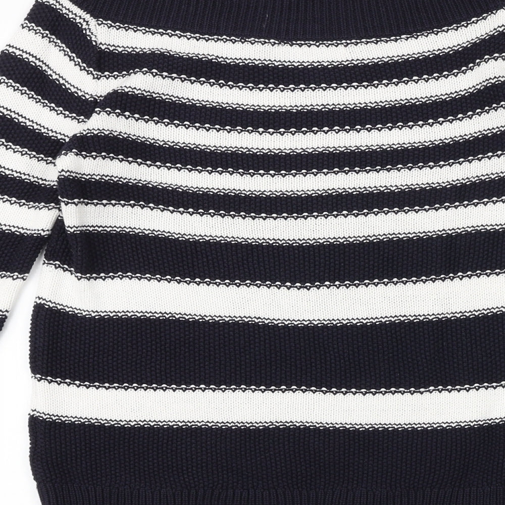 Marks and Spencer Womens Blue Boat Neck Striped 100% Cotton Pullover Jumper Size 8