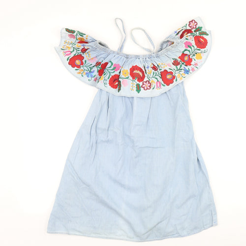 Topshop Womens Blue Floral 100% Cotton A-Line Size 6 Square Neck Pullover - Cold Shoulder