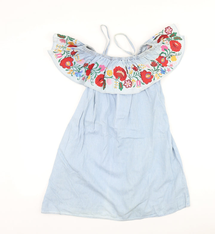 Topshop Womens Blue Floral 100% Cotton A-Line Size 6 Square Neck Pullover - Cold Shoulder