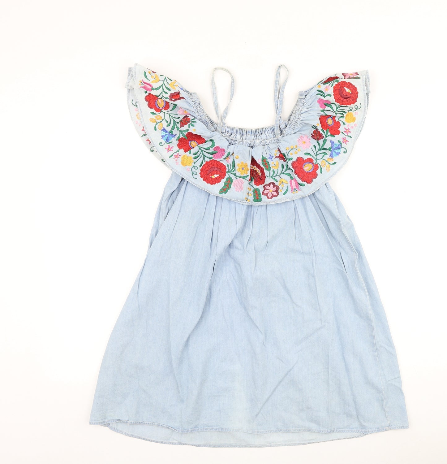 Topshop Womens Blue Floral 100% Cotton A-Line Size 6 Square Neck Pullover - Cold Shoulder