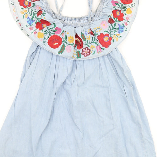 Topshop Womens Blue Floral 100% Cotton A-Line Size 6 Square Neck Pullover - Cold Shoulder