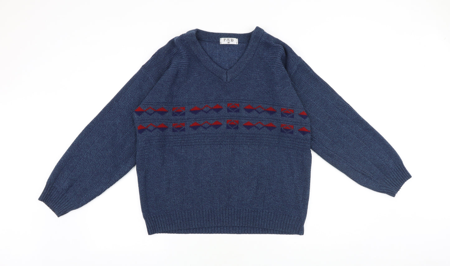 FAB Mens Blue V-Neck Geometric Acrylic Pullover Jumper Size M Long Sleeve