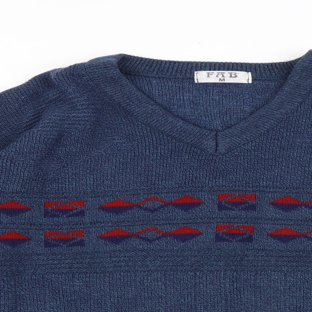 FAB Mens Blue V-Neck Geometric Acrylic Pullover Jumper Size M Long Sleeve