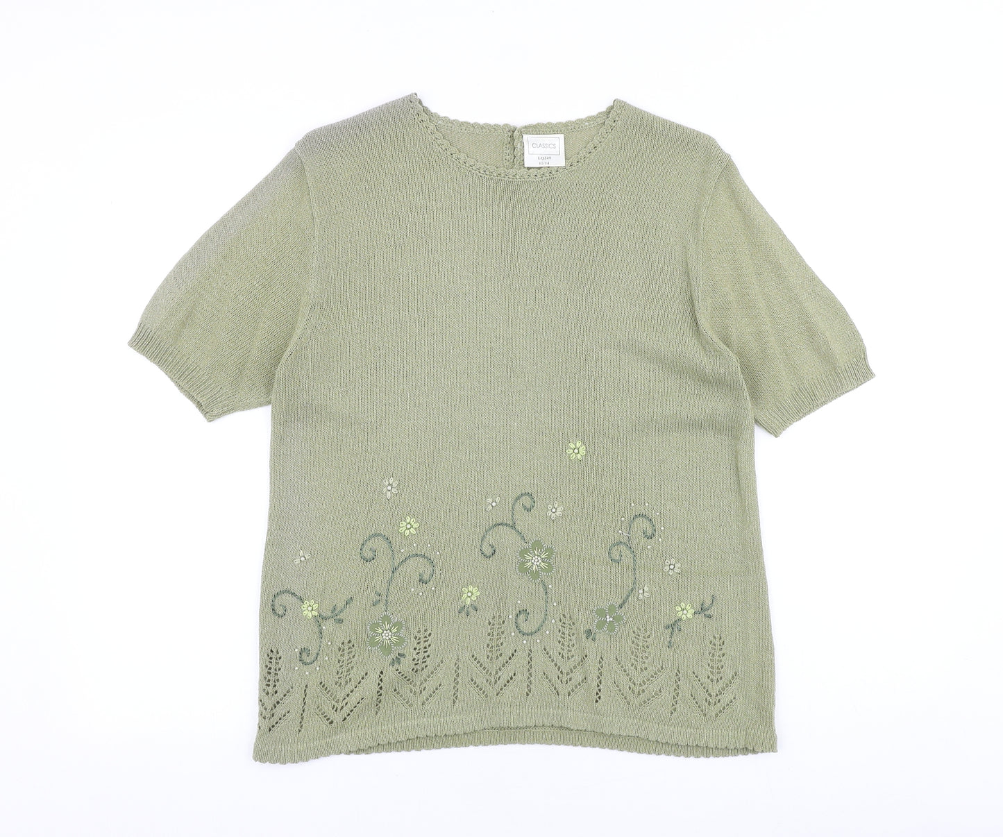 Classics Womens Green Nylon Basic T-Shirt Size 12 Round Neck