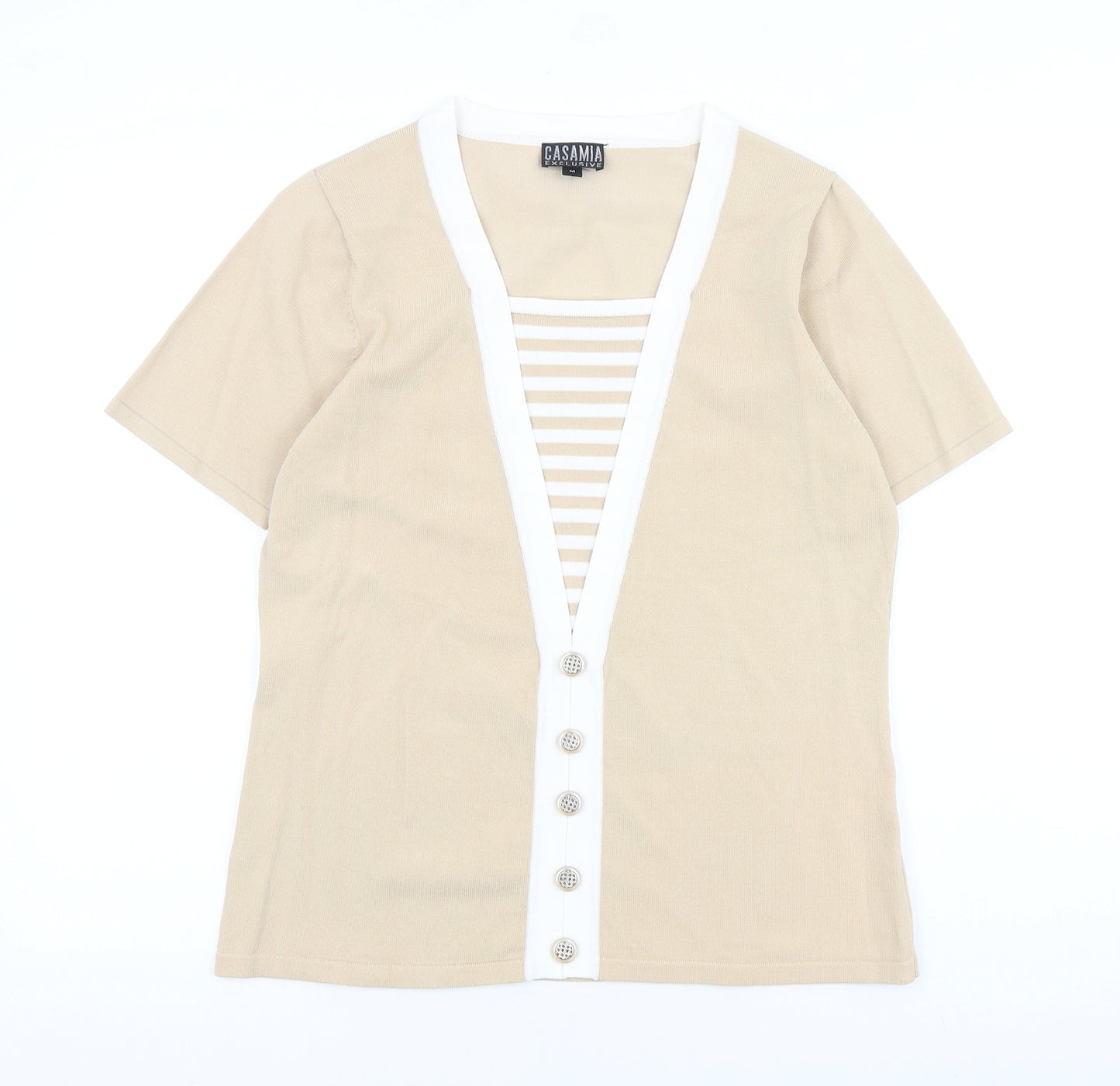 CASAMIA Womens Beige Acrylic Basic T-Shirt Size M V-Neck