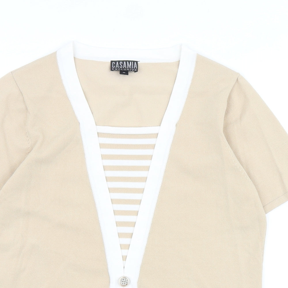 CASAMIA Womens Beige Acrylic Basic T-Shirt Size M V-Neck