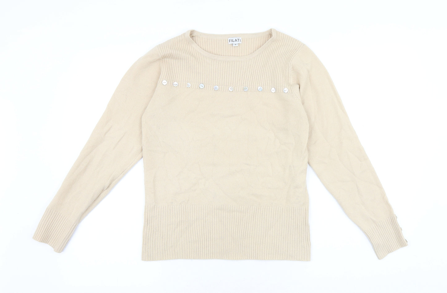 Filati Womens Beige Round Neck Acrylic Pullover Jumper Size S