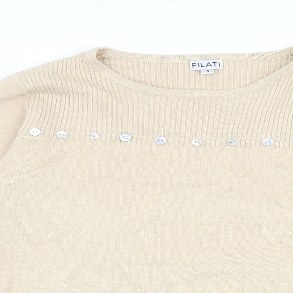 Filati Womens Beige Round Neck Acrylic Pullover Jumper Size S