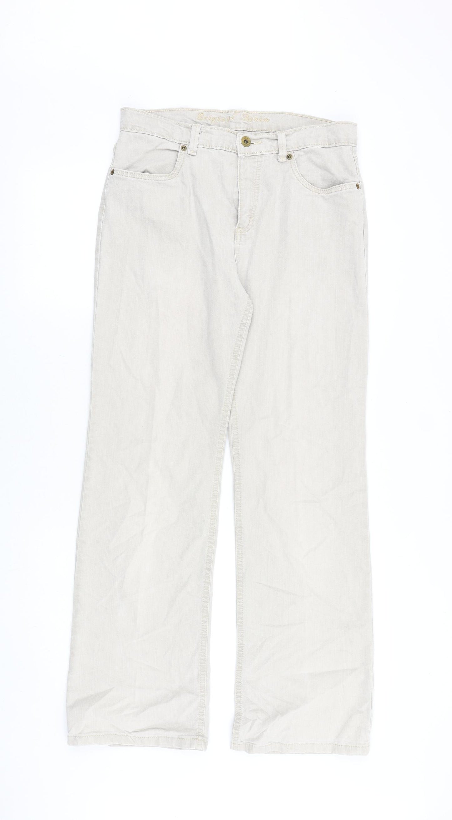 Marks and Spencer Womens Beige Cotton Wide-Leg Jeans Size 12 Regular Zip
