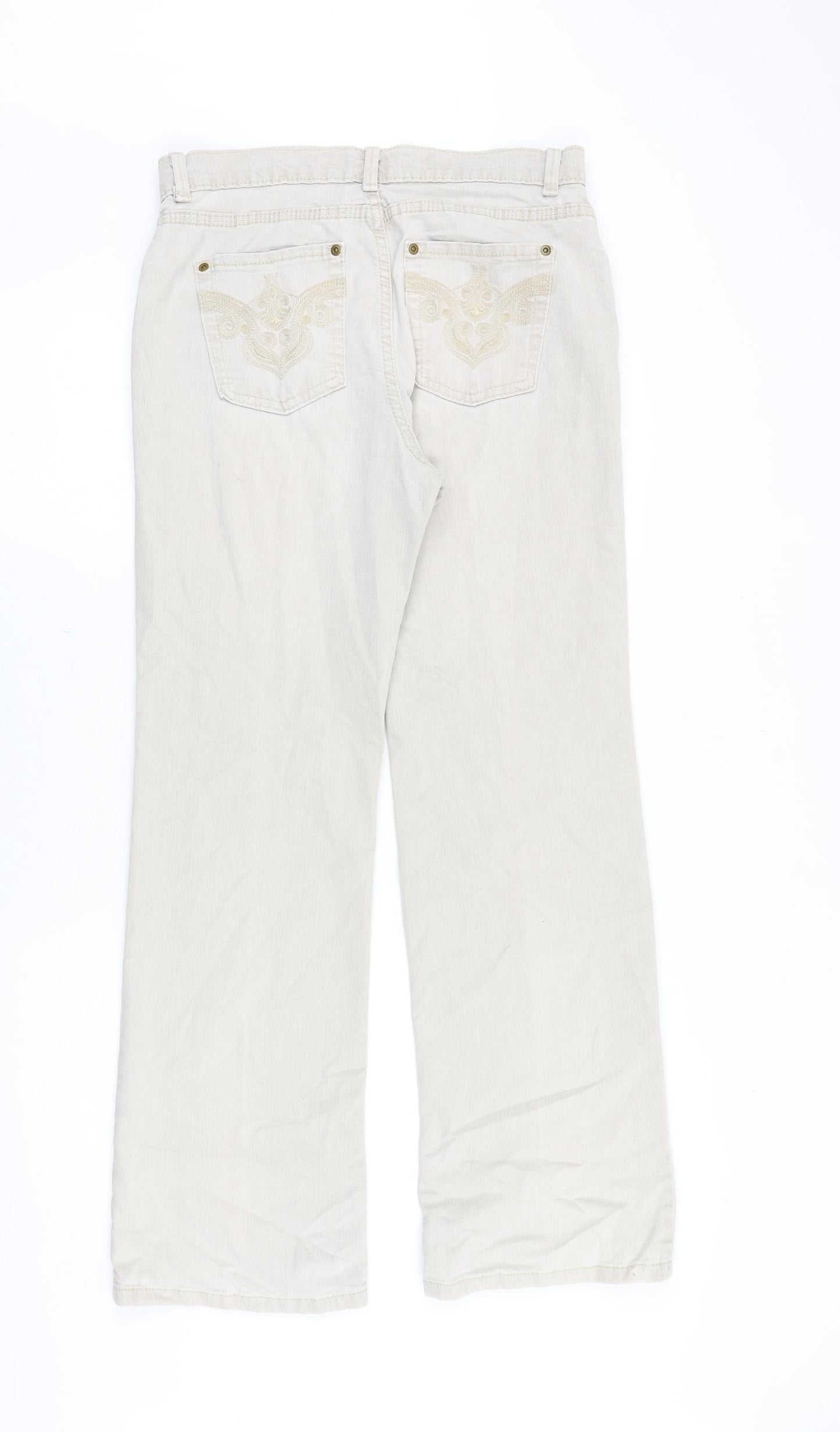Marks and Spencer Womens Beige Cotton Wide-Leg Jeans Size 12 Regular Zip
