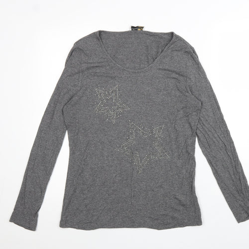 Creation L Womens Grey Cotton Basic T-Shirt Size 12 Scoop Neck - Stars
