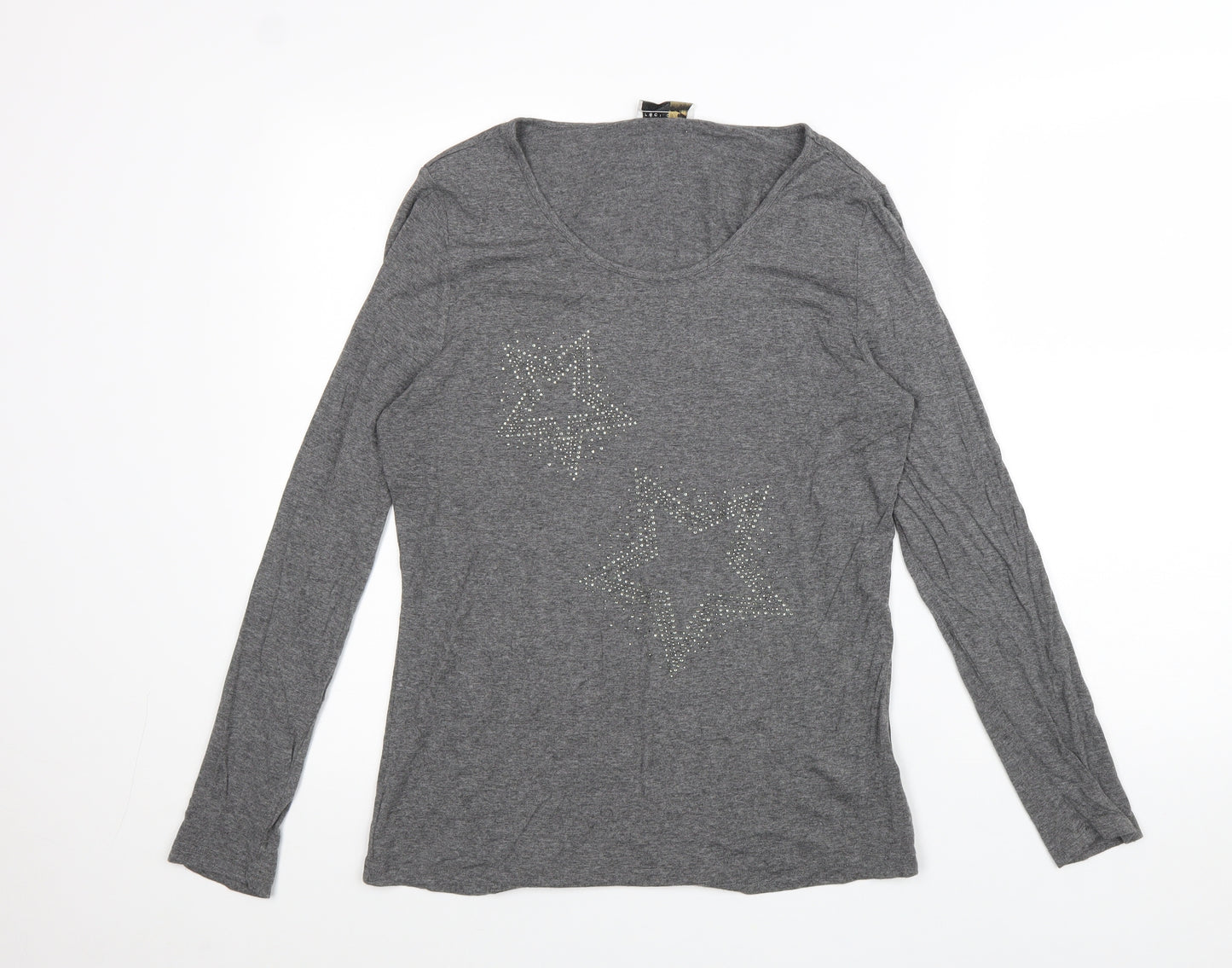 Creation L Womens Grey Cotton Basic T-Shirt Size 12 Scoop Neck - Stars