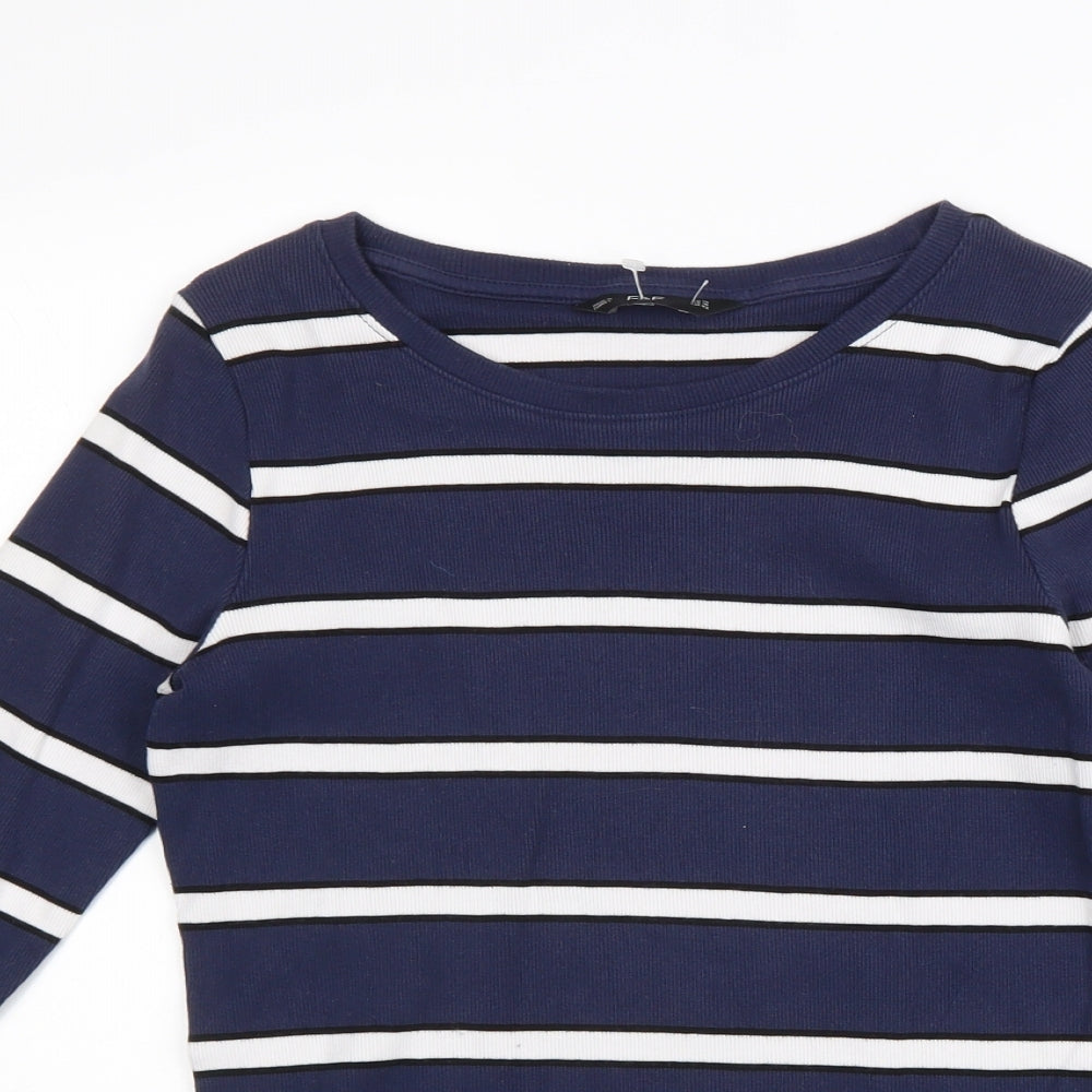 F&F Womens Blue Striped Cotton Basic T-Shirt Size 14 Round Neck