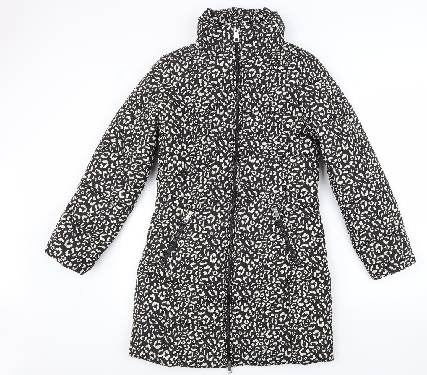 Marks and Spencer Womens Black Geometric Overcoat Coat Size 8 Zip