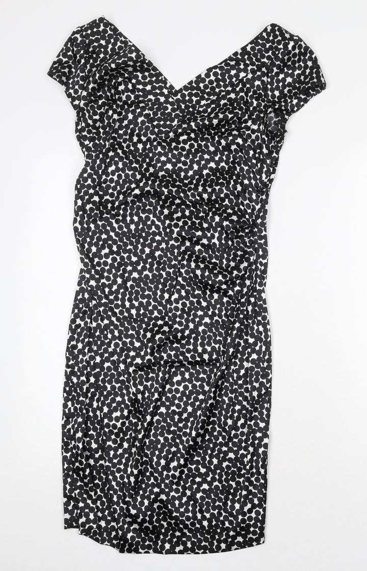NW Collections Womens Black Geometric Polyester Pencil Dress Size 6 V-Neck Pullover