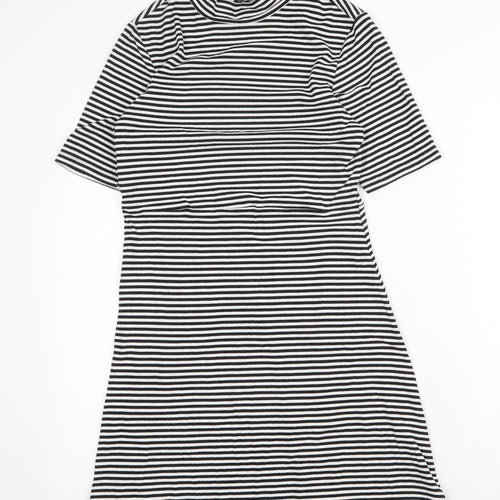 Topshop Womens Black Striped Polyester Skater Dress Size 12 Mock Neck Pullover