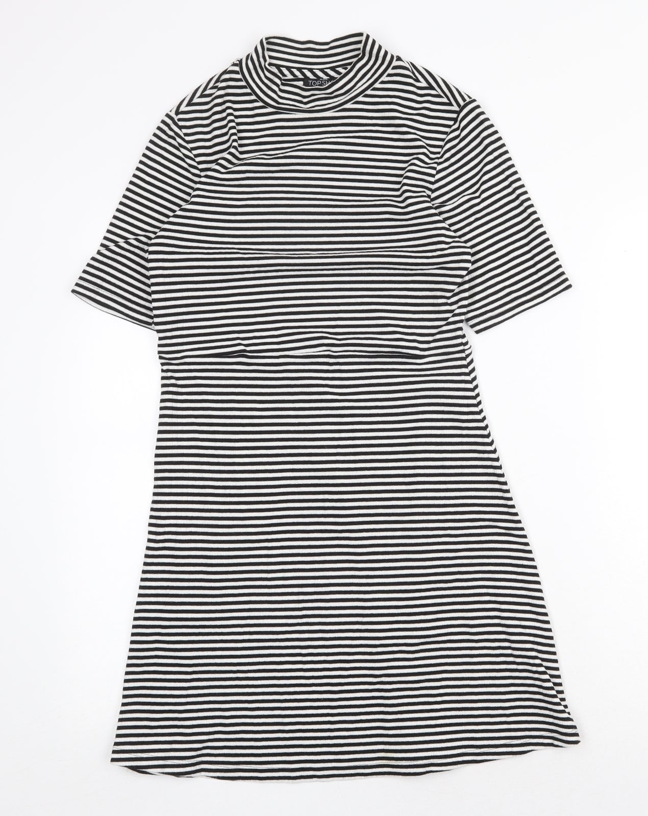 Topshop Womens Black Striped Polyester Skater Dress Size 12 Mock Neck Pullover