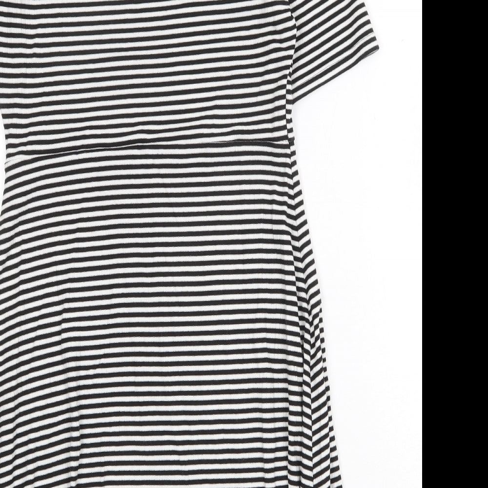 Topshop Womens Black Striped Polyester Skater Dress Size 12 Mock Neck Pullover