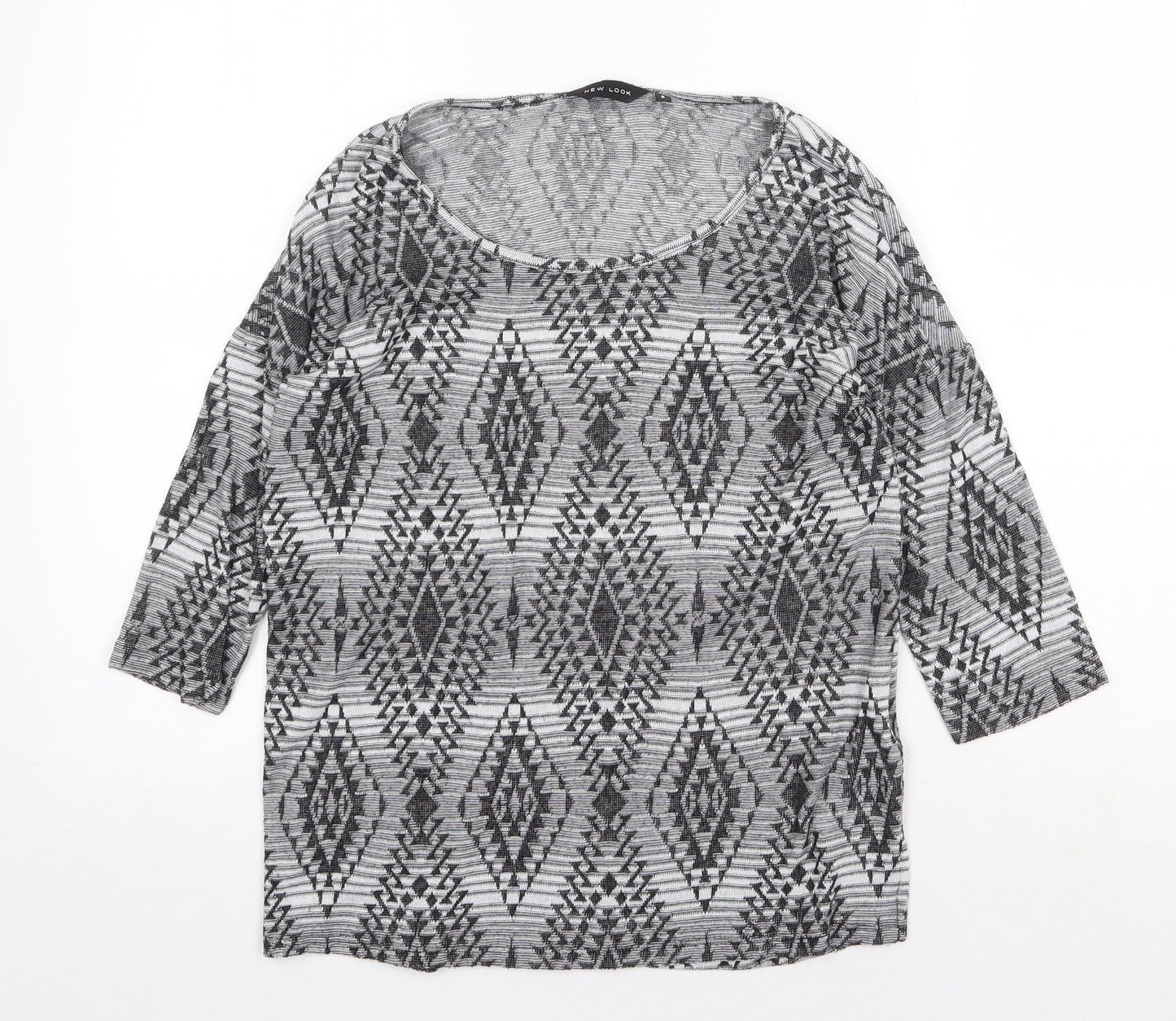 New Look Womens Grey Geometric Polyester Basic T-Shirt Size 8 Round Neck
