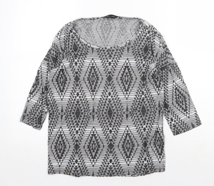 New Look Womens Grey Geometric Polyester Basic T-Shirt Size 8 Round Neck