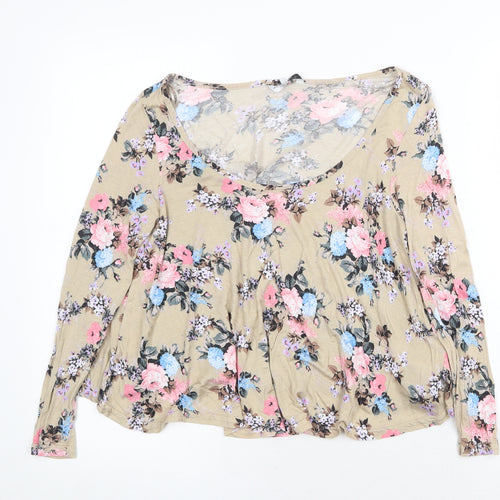 New Look Womens Beige Floral Viscose Basic Blouse Size 10 Round Neck