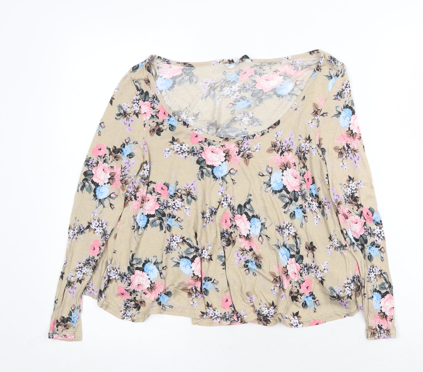 New Look Womens Beige Floral Viscose Basic Blouse Size 10 Round Neck