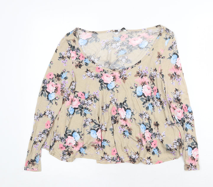 New Look Womens Beige Floral Viscose Basic Blouse Size 10 Round Neck