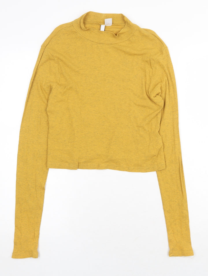 H&M Womens Yellow Cotton Basic T-Shirt Size L Mock Neck