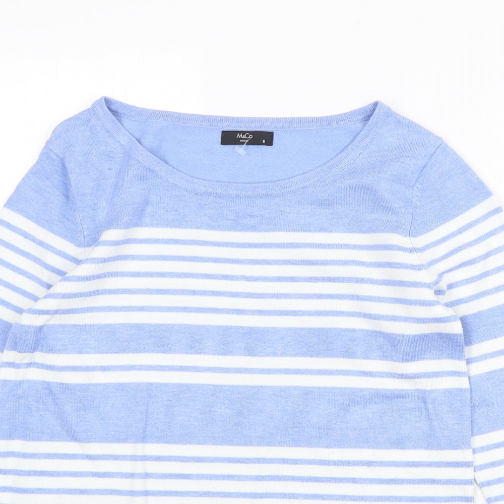 M&Co Womens Blue Scoop Neck Striped Viscose Pullover Jumper Size 8