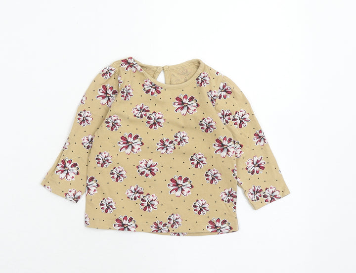 Matalan Girls Brown Floral Cotton Basic T-Shirt Size 6-9 Months Round Neck Button