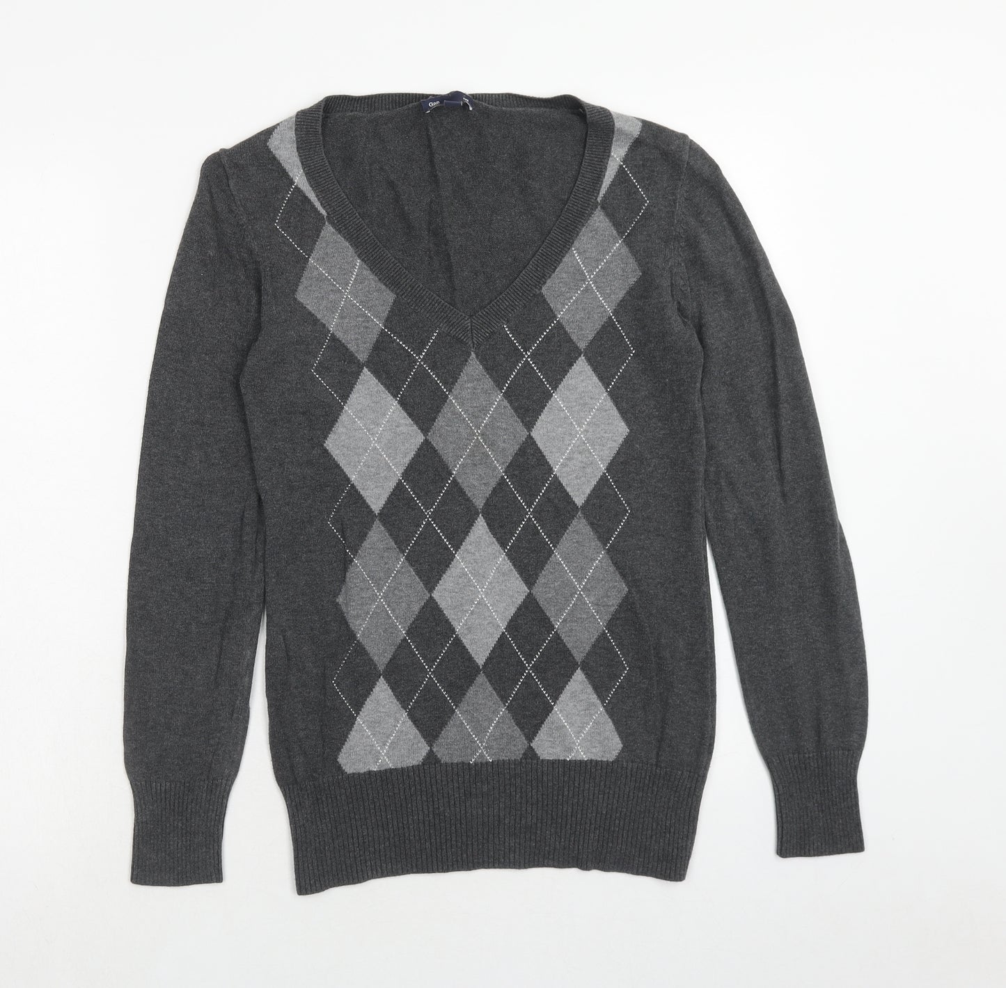 Gap Womens Grey V-Neck Argyle/Diamond Cotton Pullover Jumper Size M