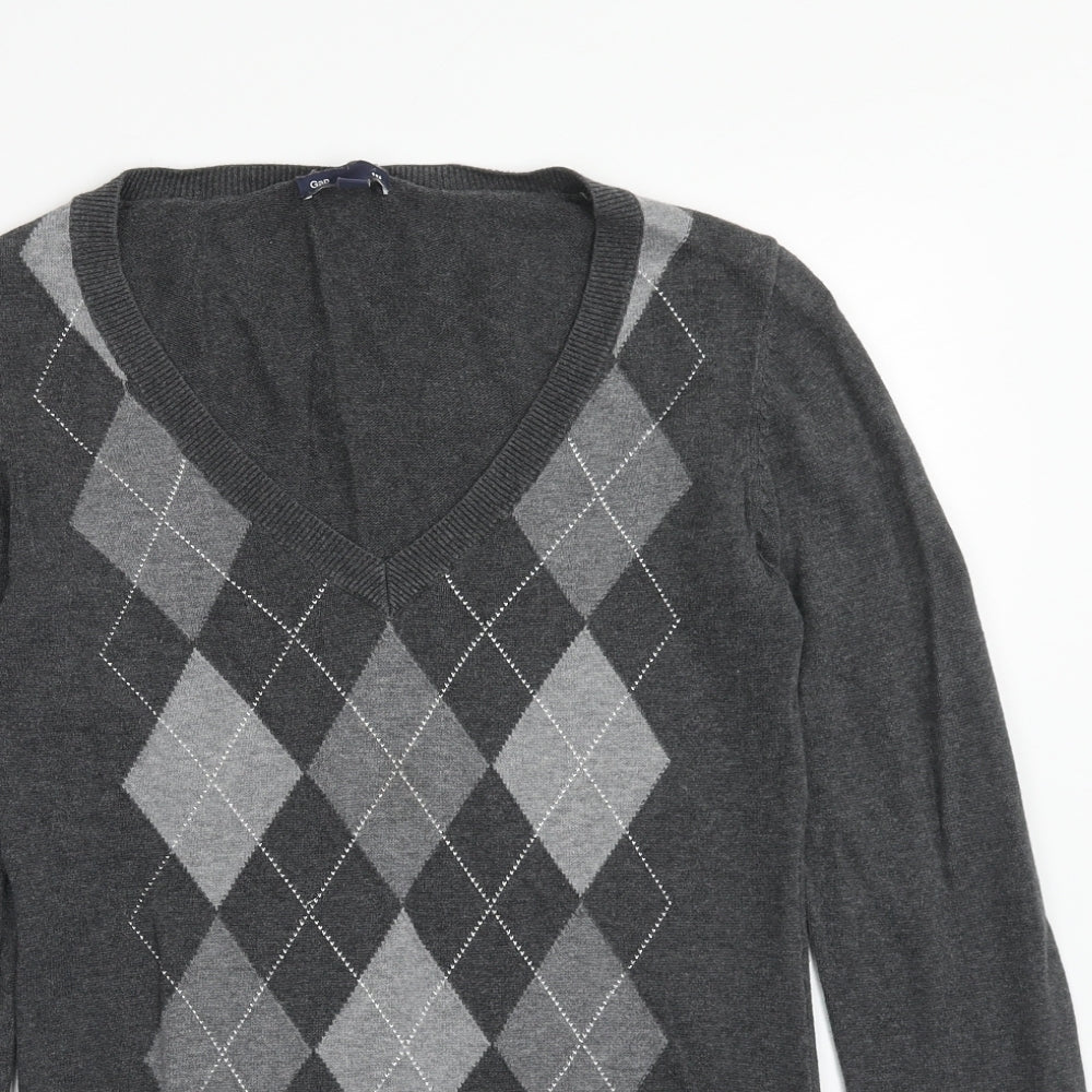 Gap Womens Grey V-Neck Argyle/Diamond Cotton Pullover Jumper Size M