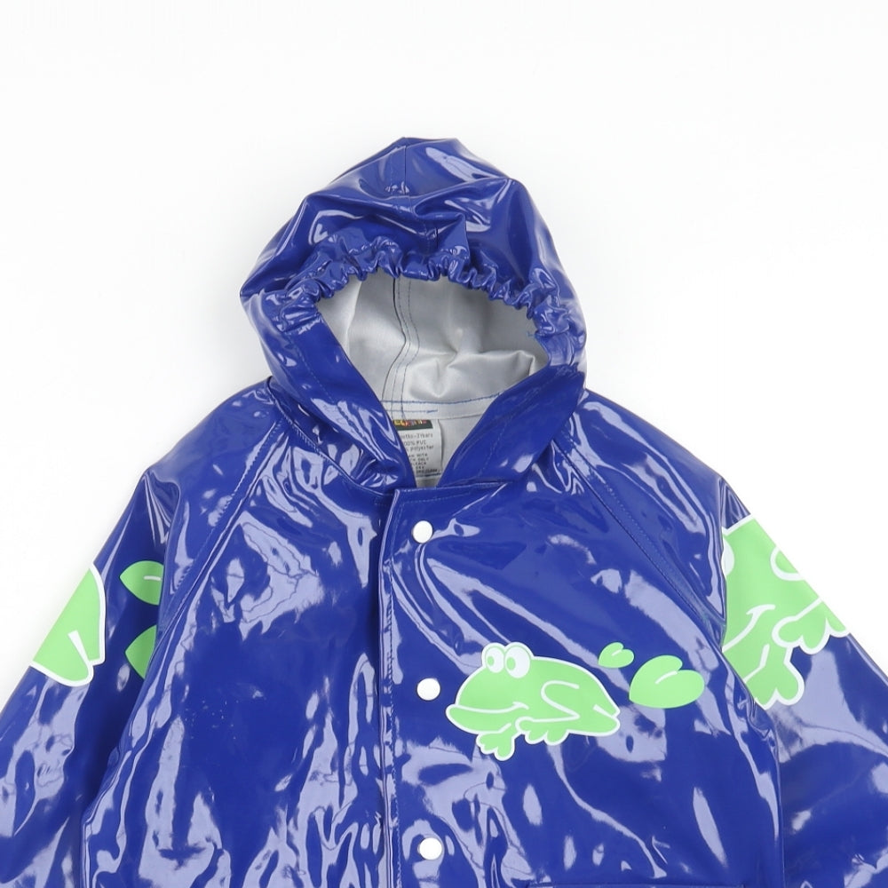 Preworn Boys Blue Geometric Rain Coat Coat Size 3 Years Button - Frog Pattern
