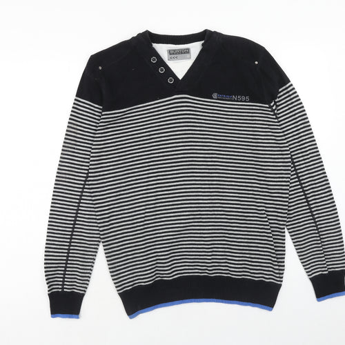 Burton Mens Black V-Neck Striped Cotton Pullover Jumper Size M Long Sleeve