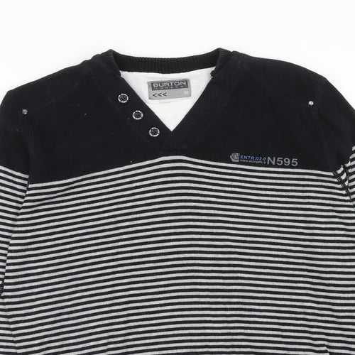 Burton Mens Black V-Neck Striped Cotton Pullover Jumper Size M Long Sleeve