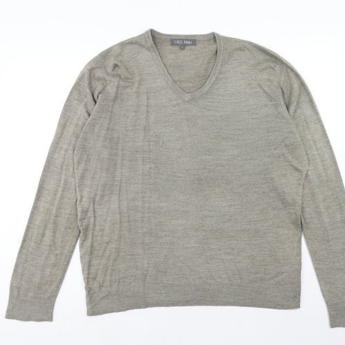 Marks and Spencer Mens Grey V-Neck Acrylic Pullover Jumper Size L Long Sleeve