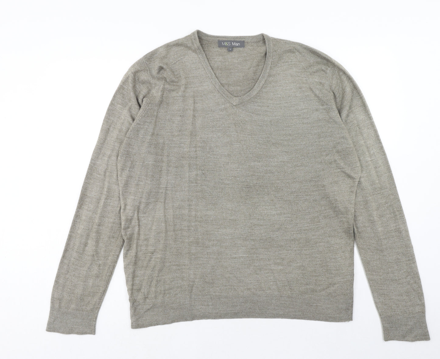 Marks and Spencer Mens Grey V-Neck Acrylic Pullover Jumper Size L Long Sleeve