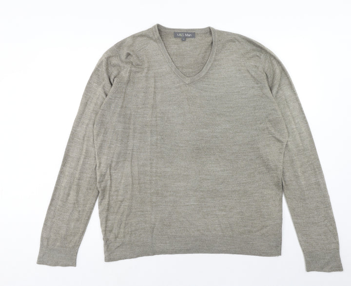 Marks and Spencer Mens Grey V-Neck Acrylic Pullover Jumper Size L Long Sleeve