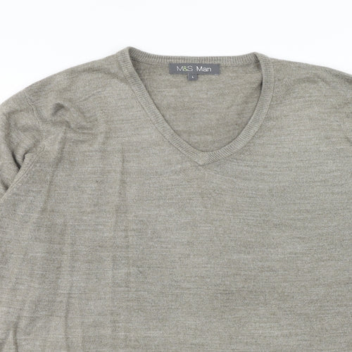 Marks and Spencer Mens Grey V-Neck Acrylic Pullover Jumper Size L Long Sleeve