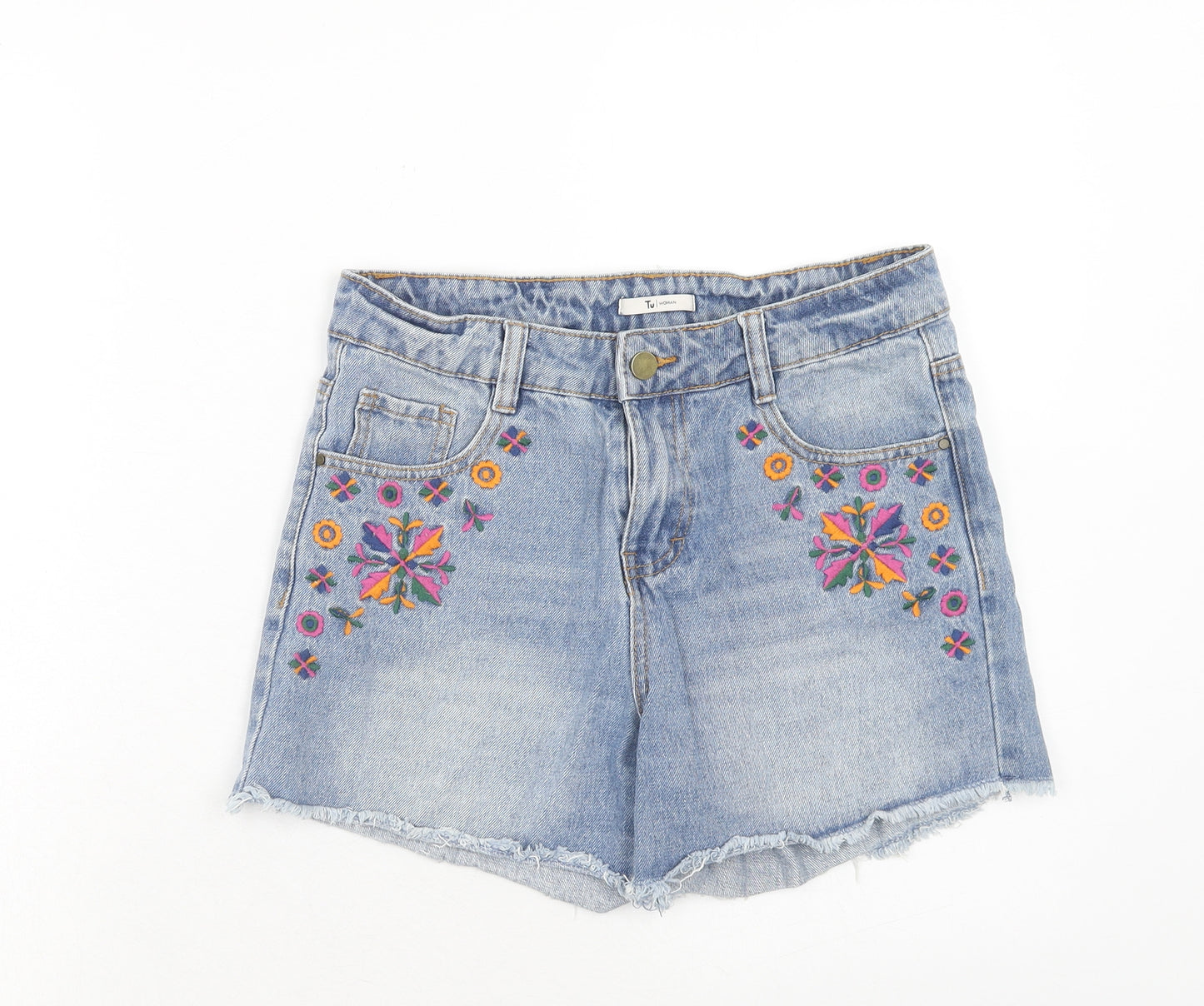 TU Womens Blue Geometric Cotton Cut-Off Shorts Size 8 Regular Zip