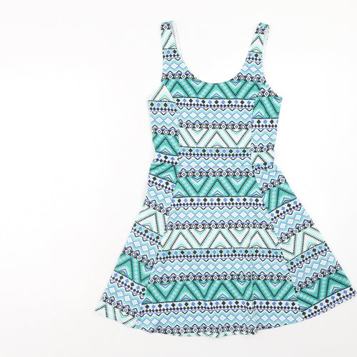 H&M Womens Green Geometric Cotton A-Line Size 8 Scoop Neck Pullover