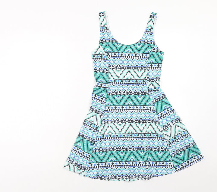 H&M Womens Green Geometric Cotton A-Line Size 8 Scoop Neck Pullover
