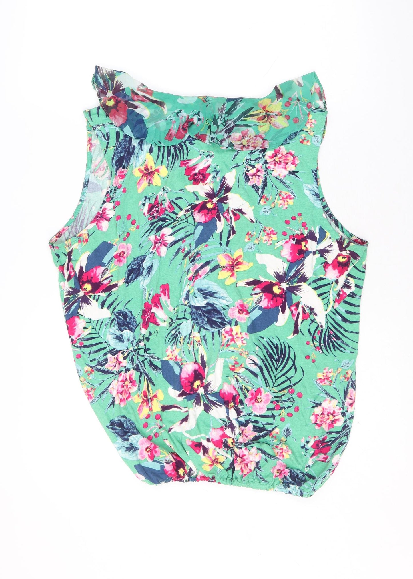 M&Co Womens Green Floral Viscose Basic Tank Size 16 V-Neck - Elastic Hem