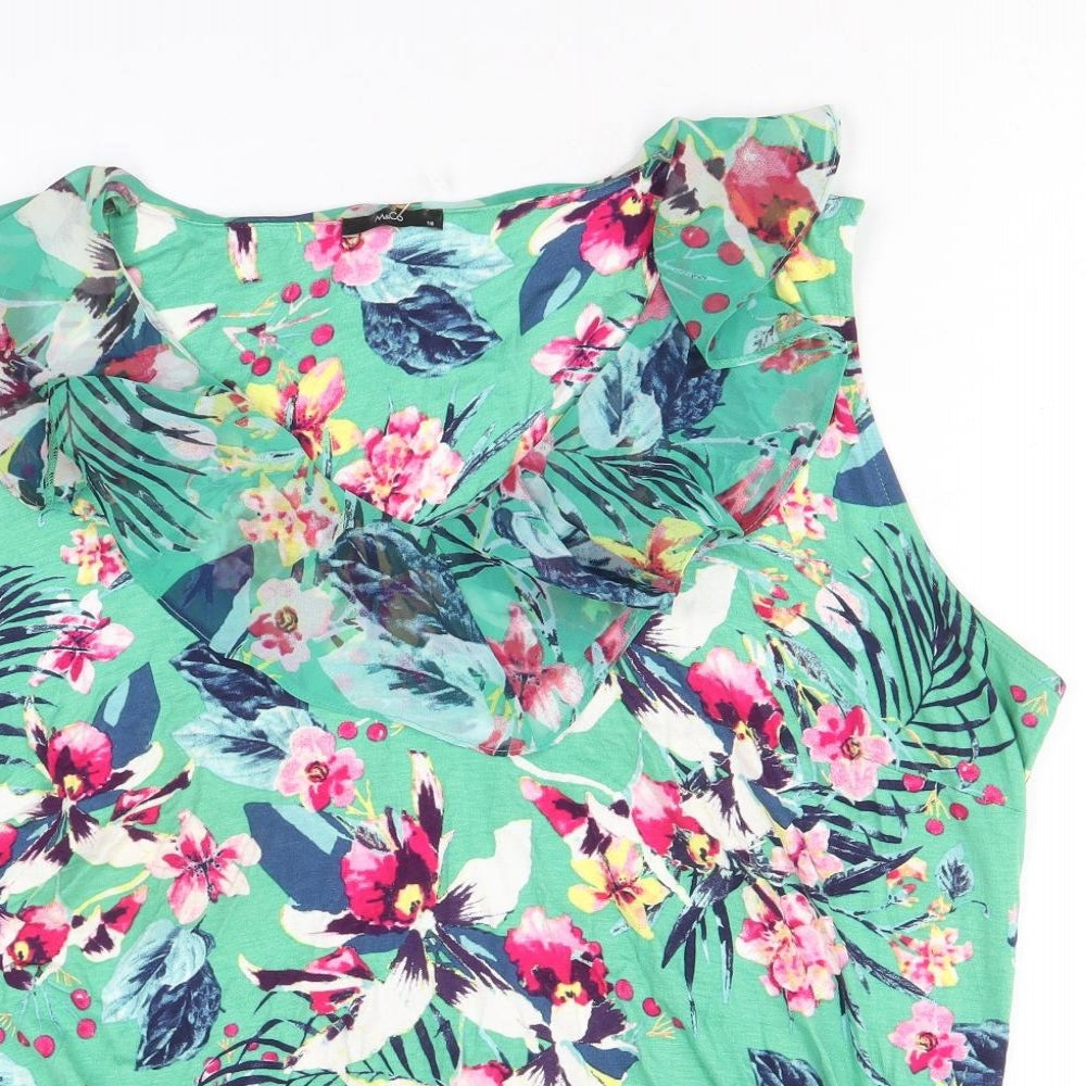 M&Co Womens Green Floral Viscose Basic Tank Size 16 V-Neck - Elastic Hem